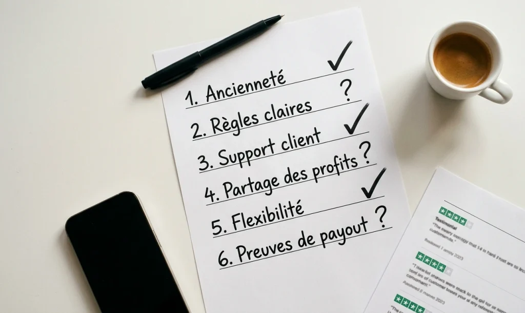 checklist des critères pour bien choisir une prop firm sans challenge ancienneté, règles, support, partage des profits