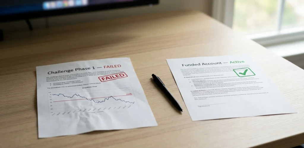 comparaison entre un challenge prop firm échoué et un contrat de compte financé instantané sans évaluation