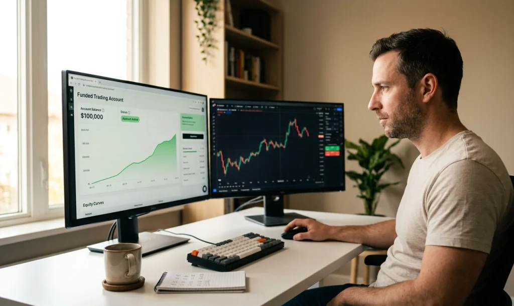 trader accédant à son compte financé sur une prop firm sans challenge depuis son bureau à domicile