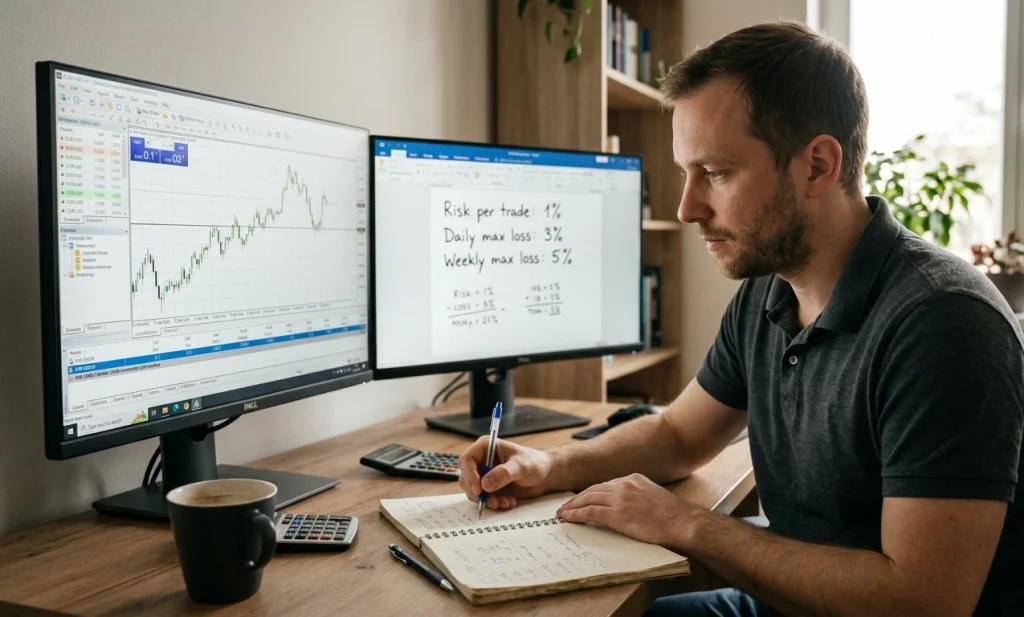 trader appliquant une stratégie disciplinée sur compte prop firm sans challenge gestion du risque et money management