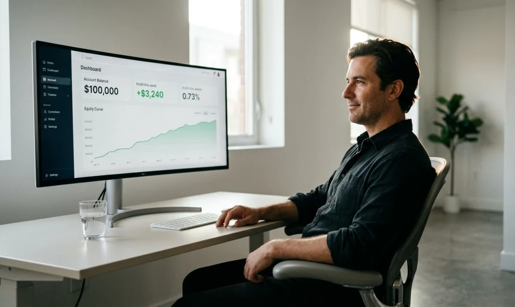 trader confiant affichant des profits positifs sur son compte financé sans challenge, depuis un bureau épuré