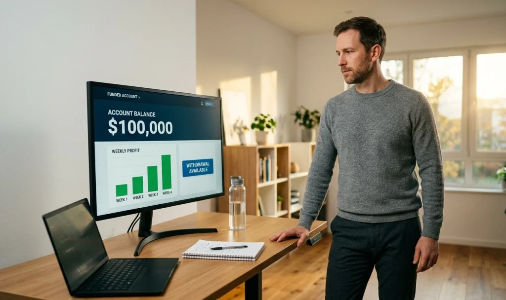 trader professionnel devant son compte financé avec retrait disponible sur une prop firm sans challenge en 2026