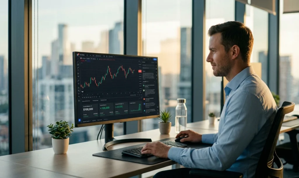 trader professionnel sur une plateforme de prop firm sans challenge avec compte financé instantané et outils tradingview