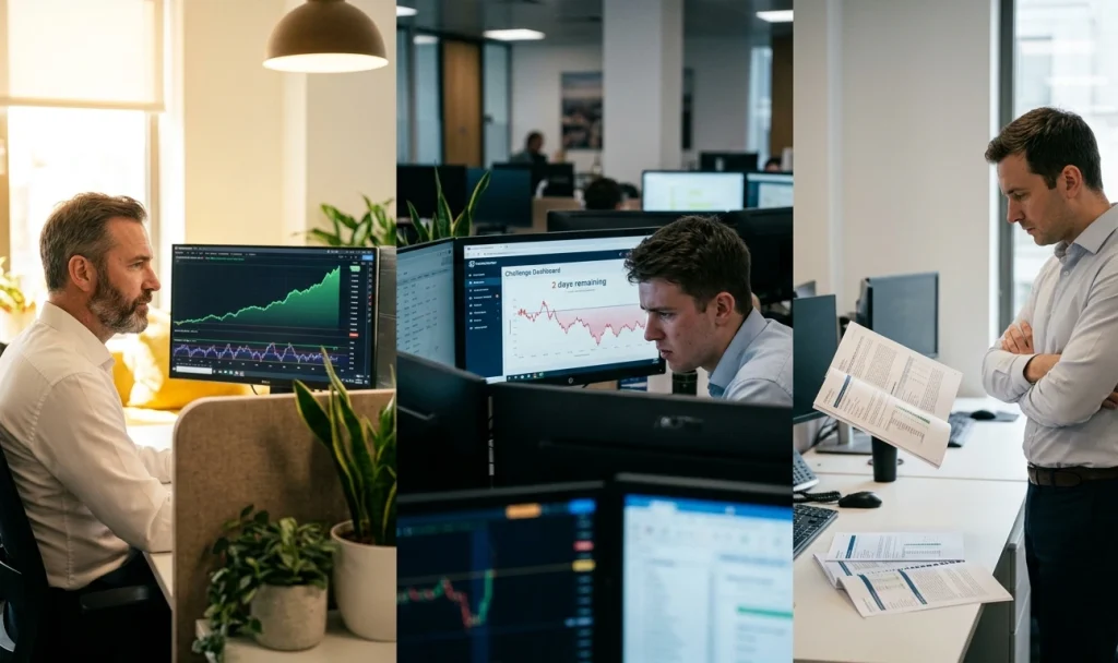 trois profils de traders face à la prop firm sans challenge trader expérimenté, trader sous pression de challenge, trader méthodique